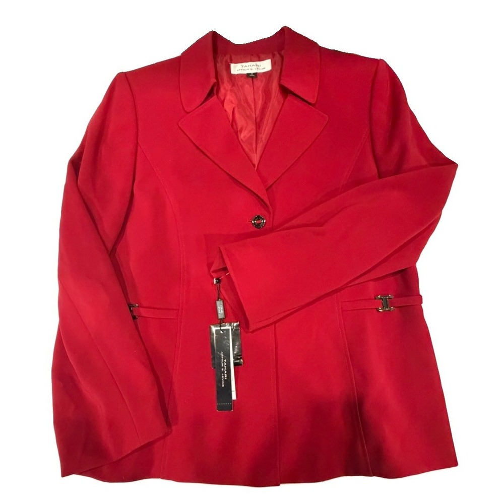 Tahari Blazer Sz 16 Arthur Levine Women Lined Jacket Red Chrome Embellishments